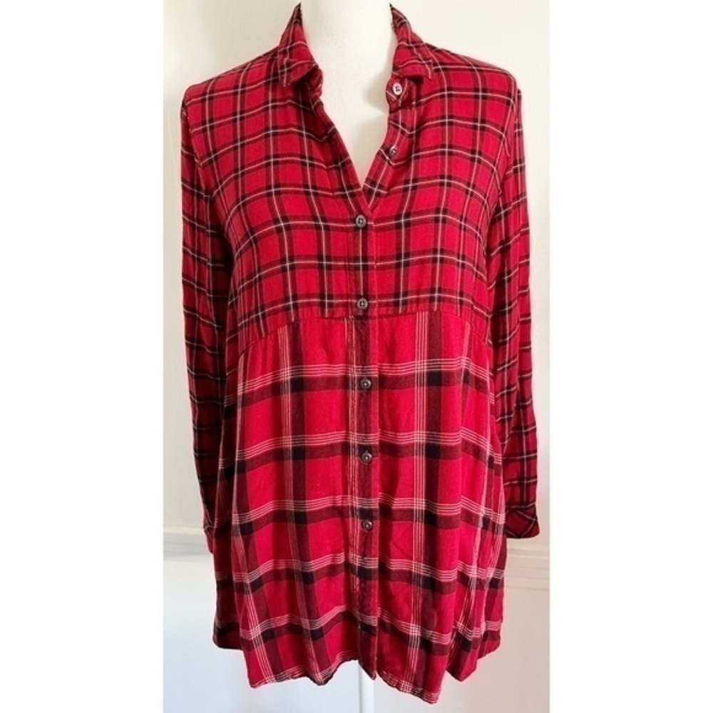 J. Jill • Red Black Tartan Plaid Tunic Blouse